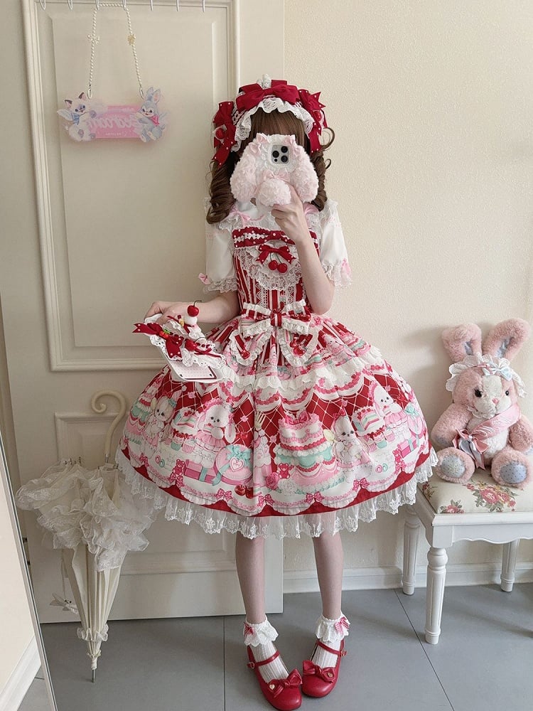 Crimson Bunny Cherry Print Sweet Lolita Jumper Dress - Miss Han