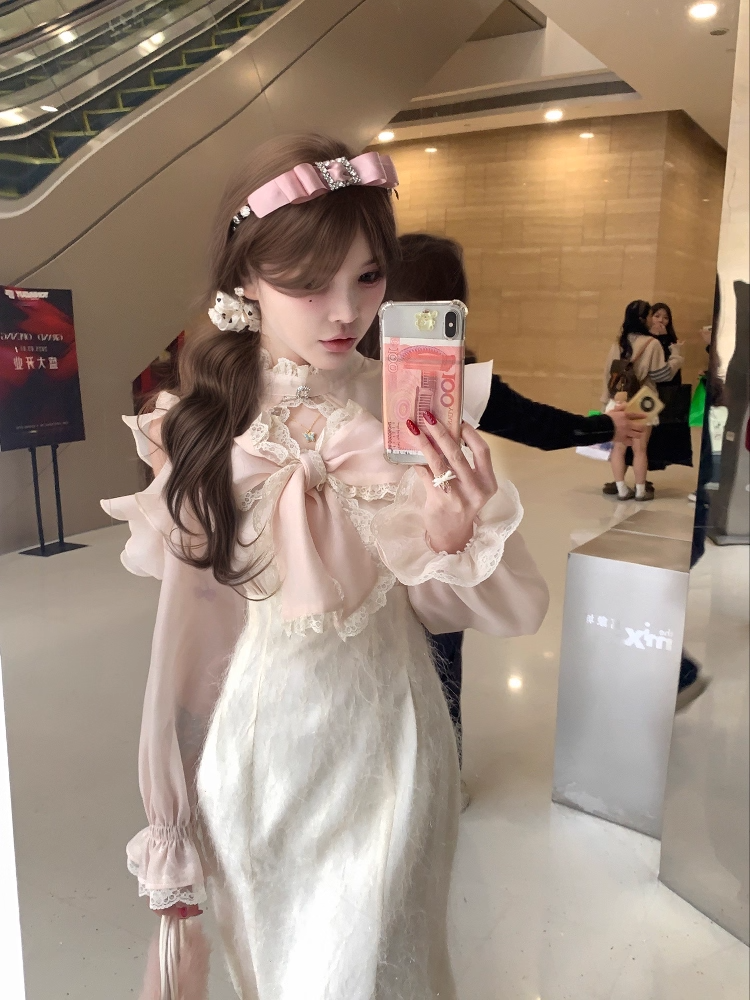 Shoulder Pink Dress and Clean Bow with Jirai Cutout Neckline Flutter Innocent Big Maxi Kei