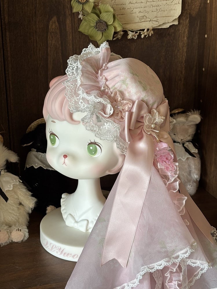 / Green Veil Hat Print Mini Floral with Lolita Pink