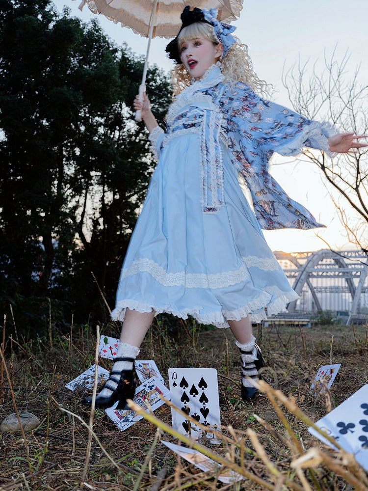 Alice Trim Blue Top Bunny in Print + JSK Wa Wonderland Set Lolita and Poker Lace Vibes Dress