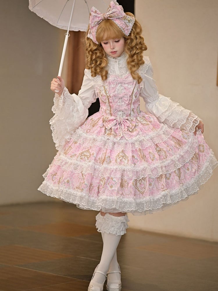 JSK Floral Chandelier and Accents Bow with Crystal Pink Lolita Print