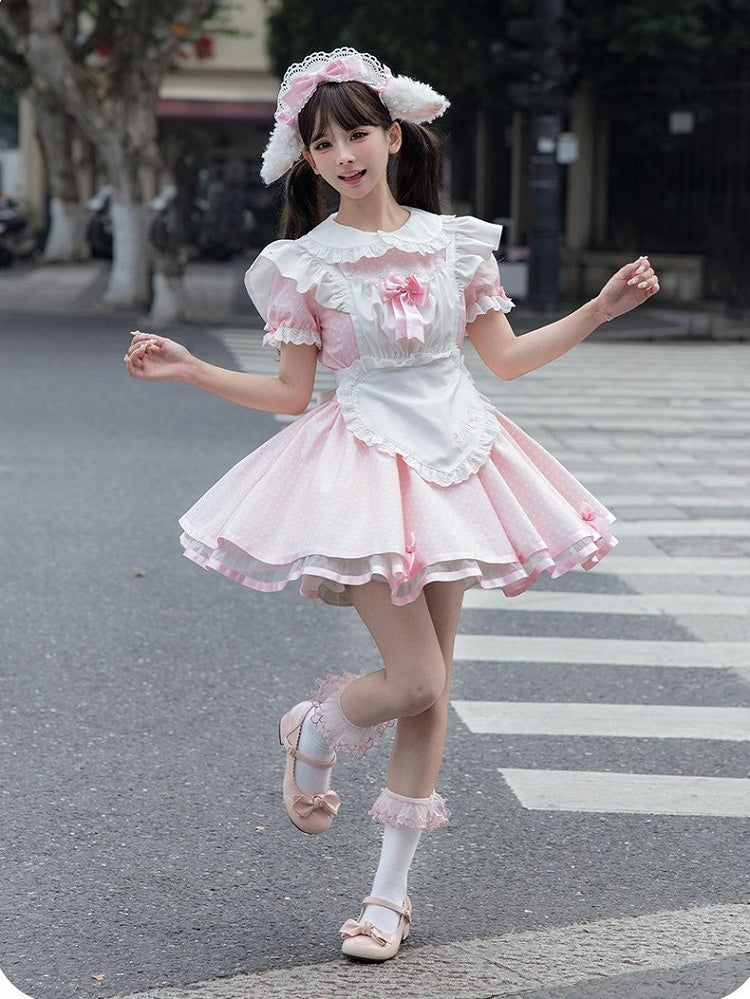 Pink Maid OP with Striped Lace Details - Sheep Puff Atelier