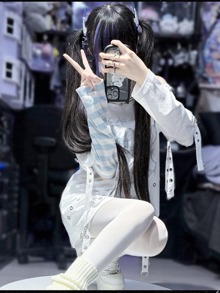 Blue wit Kei Decorations T-Shirt Printed Shoulder Cutout White Jirai Strap