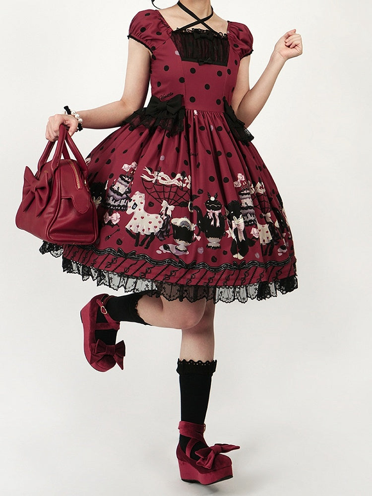 Bow Black Lolita Dot Print with Accents Cat Dress Red Polka Sweet