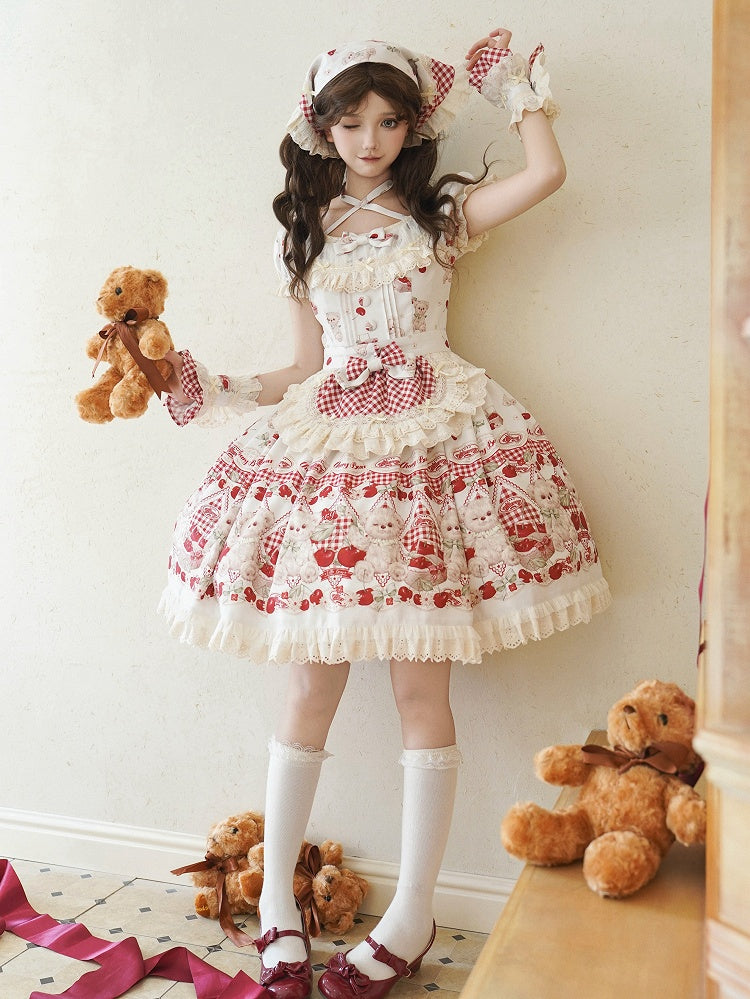 Teddy Lolita White Print Cherry Dress Sweet and Gingham Red
