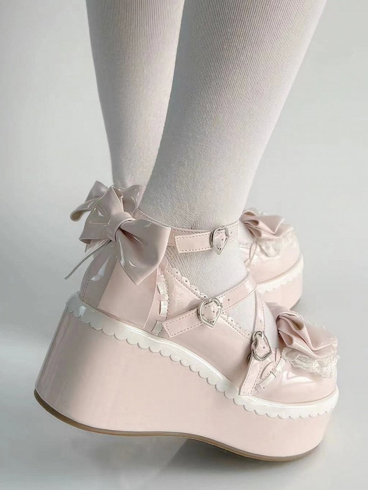 Lolita Platform Upper Lace Tiered Bow - Pink Top Mary with Janes