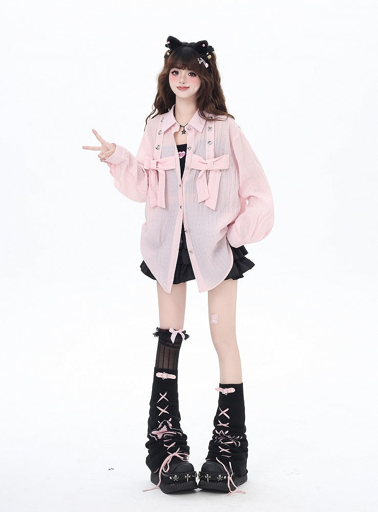 ライトブルー/ライトピンクのビッグリボンセミシアーシャツ