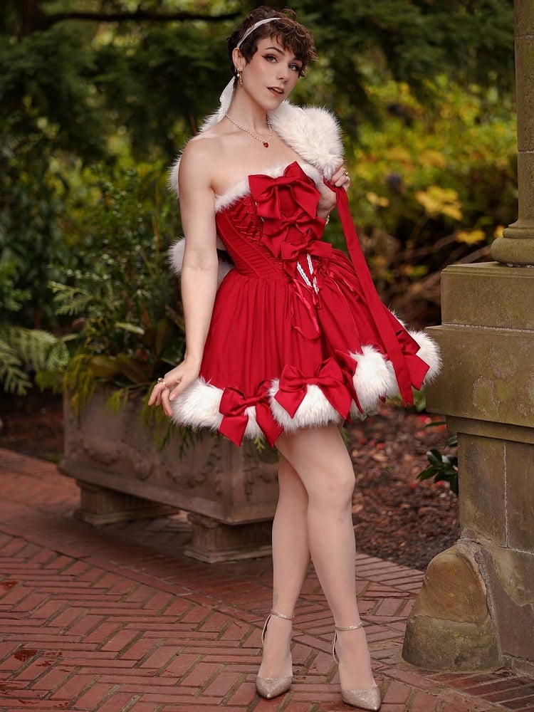 Dress Cape + Full Set Red Christmas Boning and Neckline Bows Decorated Hemline Plush