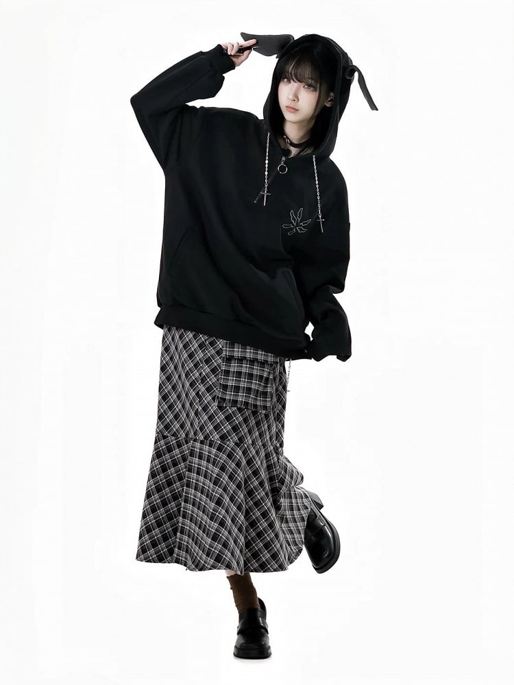 Bittersweet Chain Gray/Black Hood Design Hoodie Wing Cross Wing Embroidery Back Spring