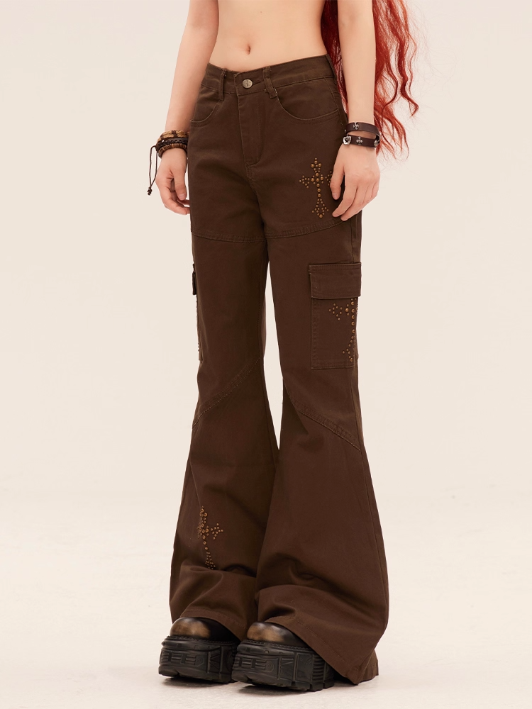 Low Flared Pants Brown Waist Cross Rhinestones Vintage