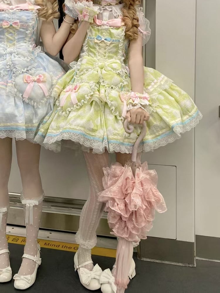 Decoration Skirt Green Bow and Lolita Rosette Fabric Jumper Heart Padded