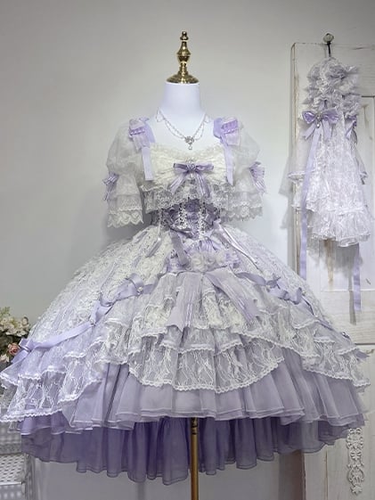 Purple Hime Lace-up with Hanayome Dress High-low Corset Layered Waist Lolita