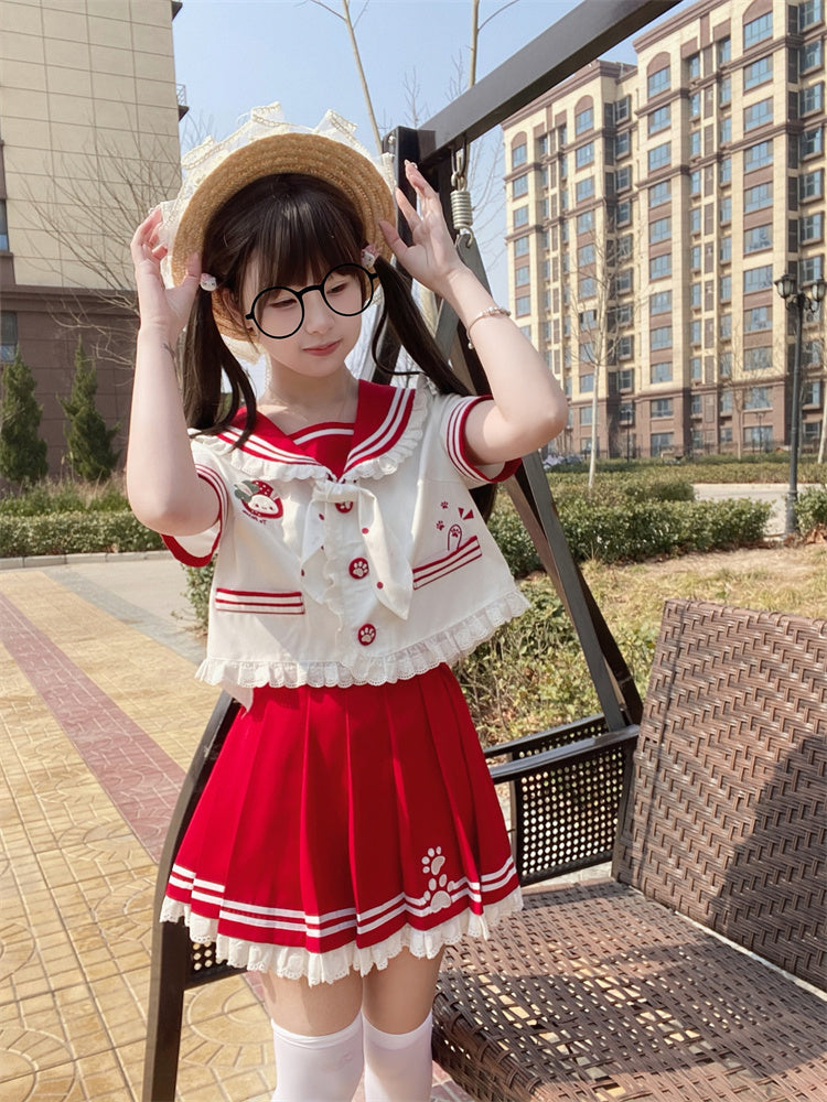 Lace JK Uniform Pink/Red Pleated Skirt Trim Ruffled