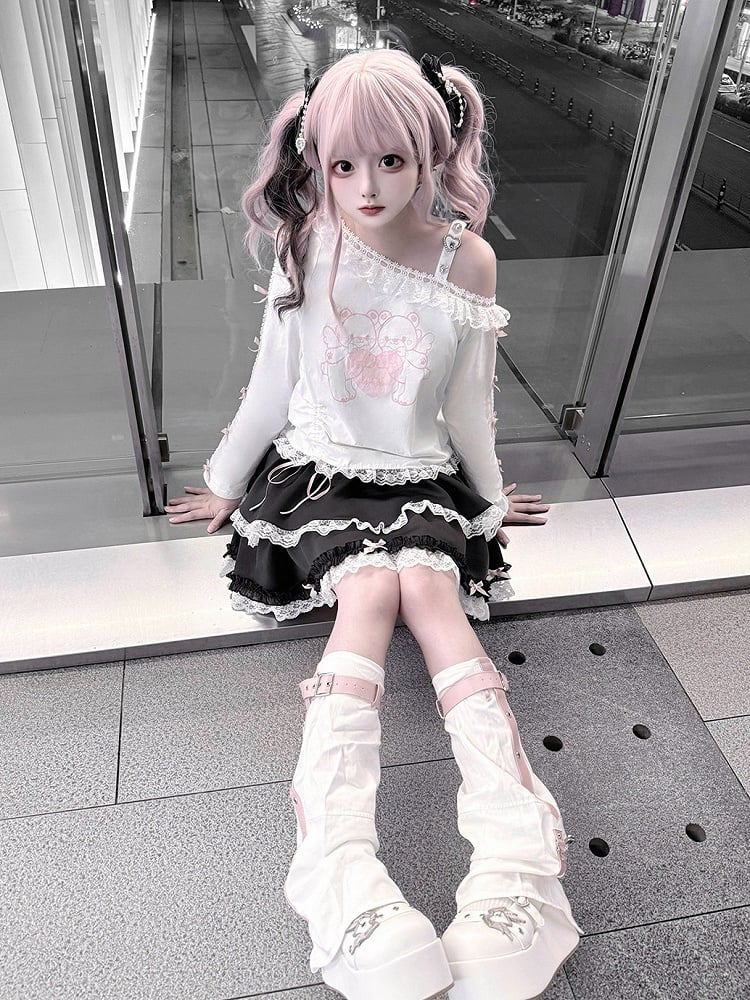 Jirai Bow Cutout Design Accent White Bear Top Shoulder Print Kei