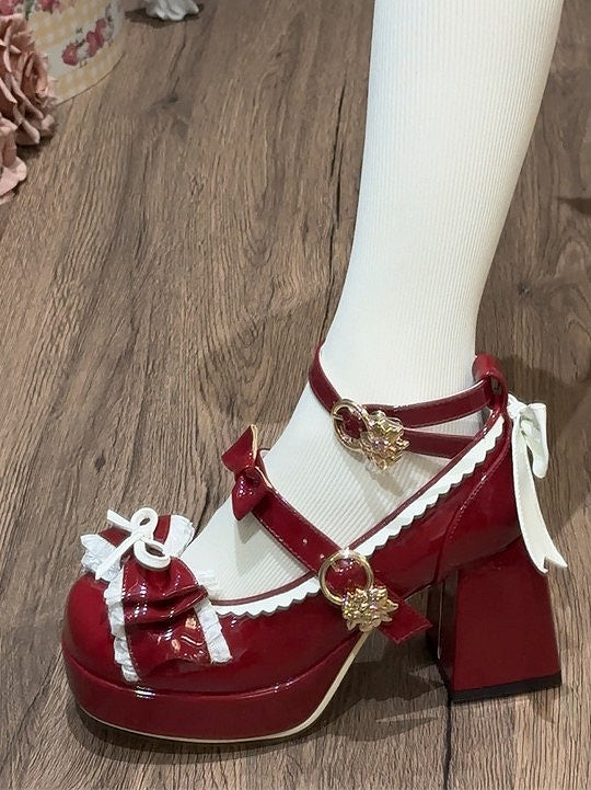 Heel A Toe Lolita Shoes Bow Delicate Red PU Round with 8cm