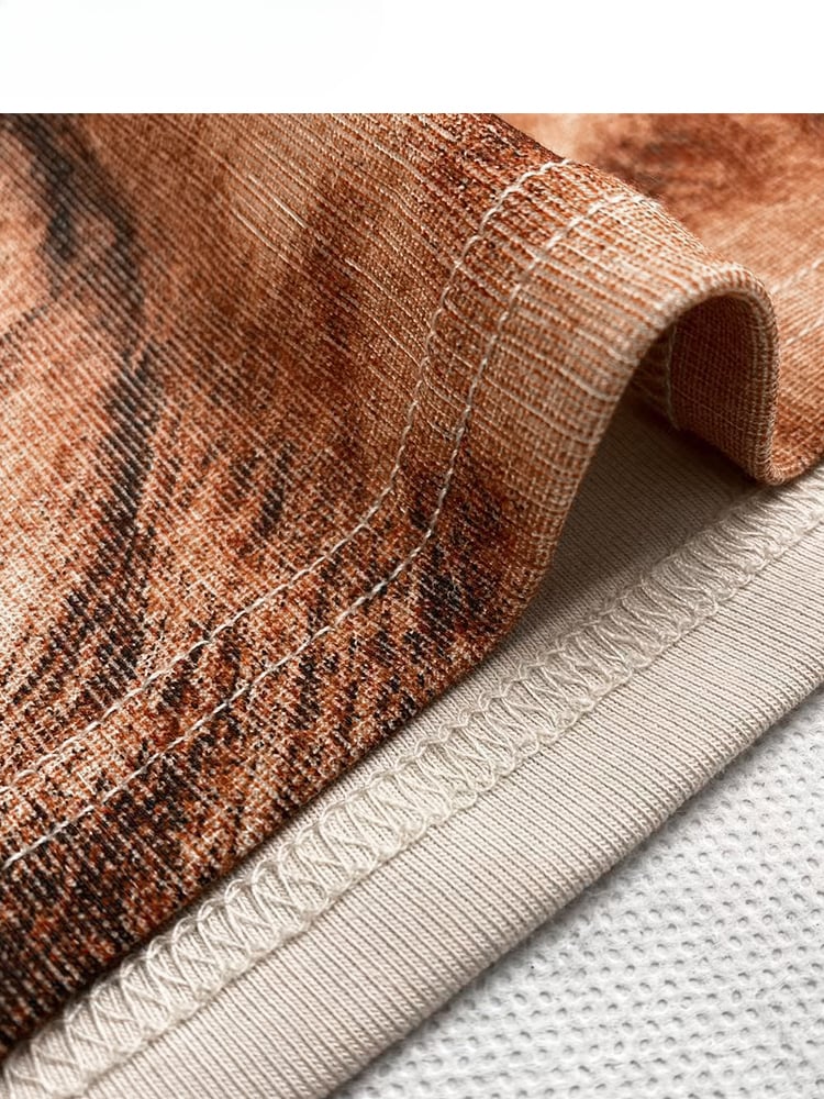 Apricot Round Neck Cat Oil Painting Glamorous Slim-fitting Top