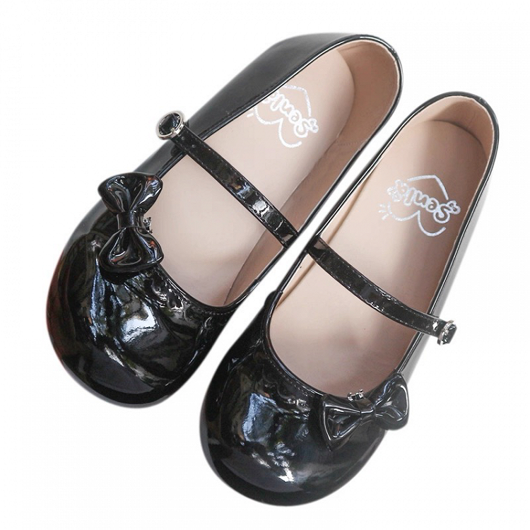 Accents Scalloped Hem PU Flats Sweet Black Leather Bow