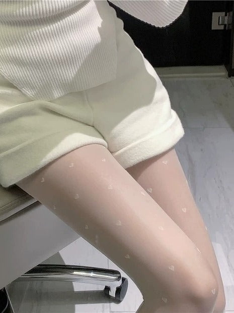 White Fashion tights Heart-shaped Sheer Kawaii Details