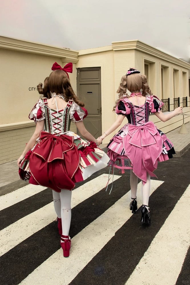 Lolita with Circus Puff Red Embroidery Bunny and Jumper Detachable Sleeves Skirt Dress Green Sweet