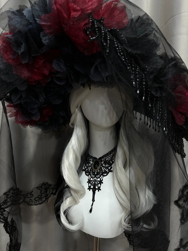 Black Red Gothic Floral Long Lace Trim Hat Beaded Tassel - Custom Made Earrings