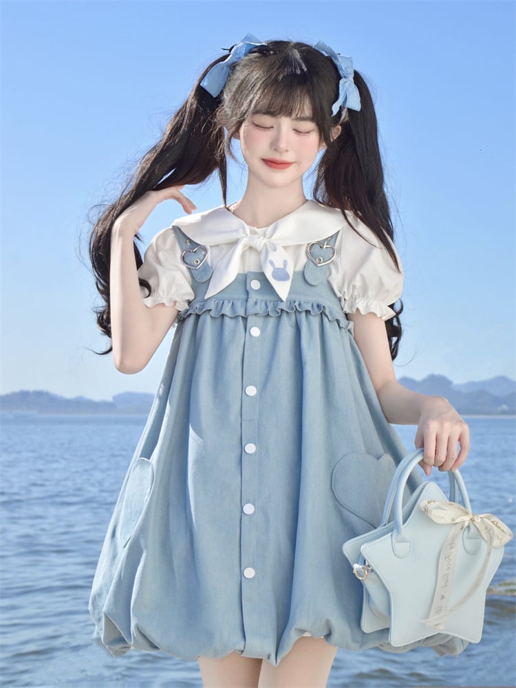 Blue Heart Buckle and Pocket Bunny Tail Detail Bubble Skirt Overalls