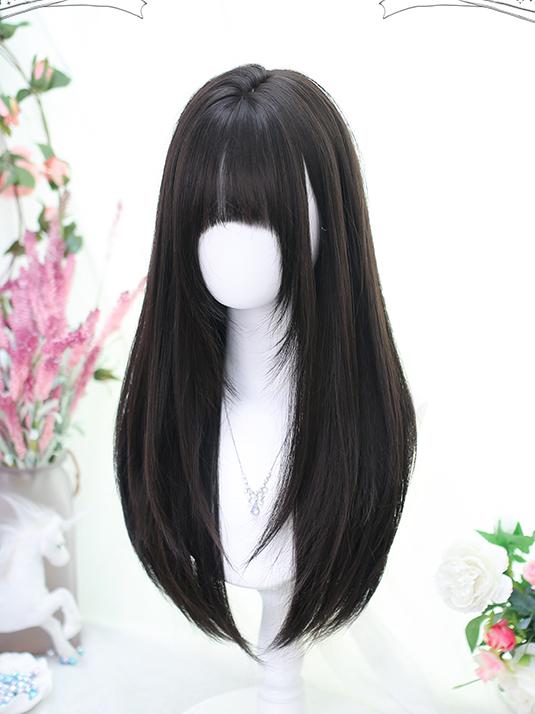 Bust Straight Full Wig Length Black/Brown Bangs Under
