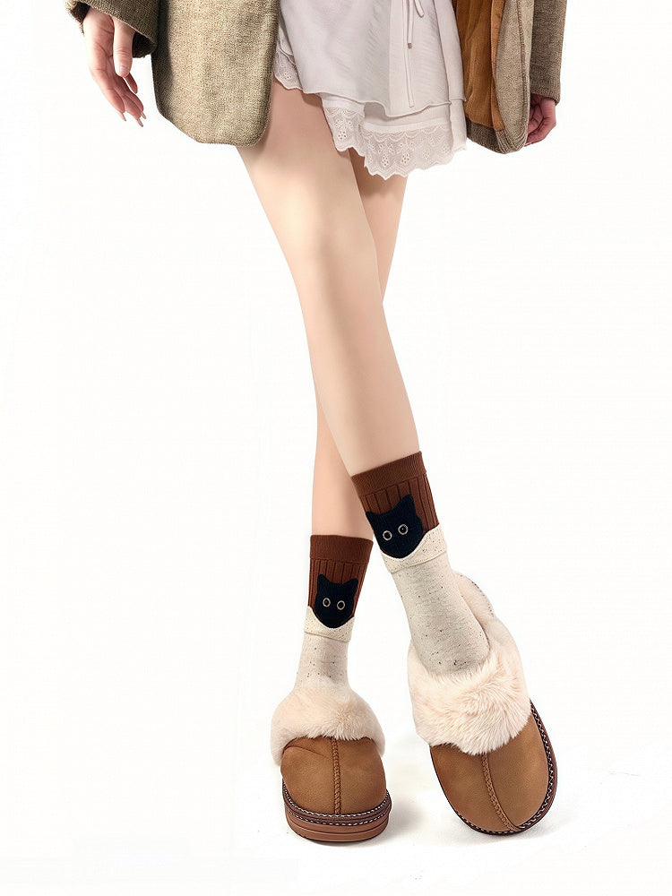 Kitty Design Pattern Cotton Socks with Cute 3 Colors Foldable Cuff