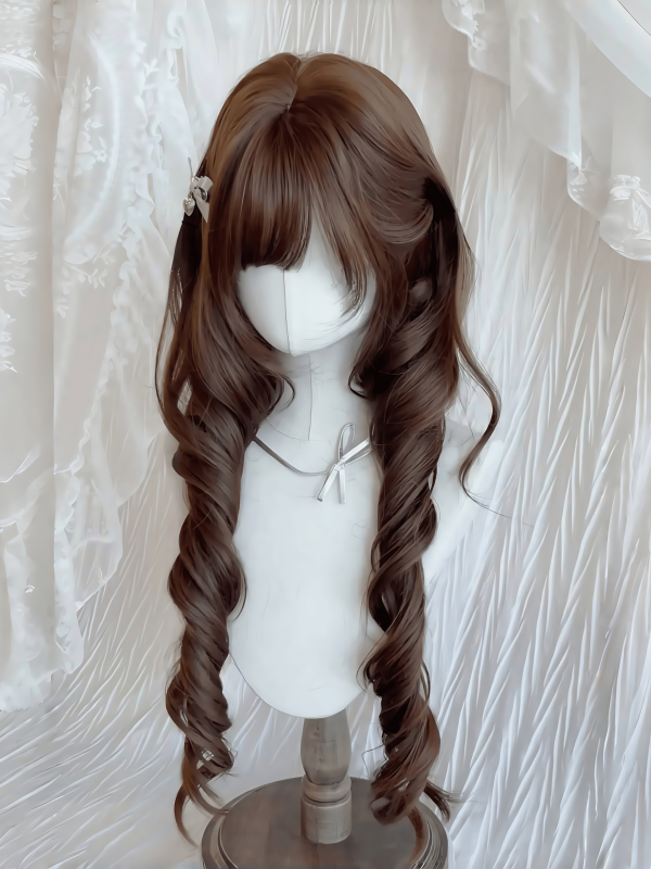 Long Wig Brown Curly 60CM with Full Bangs