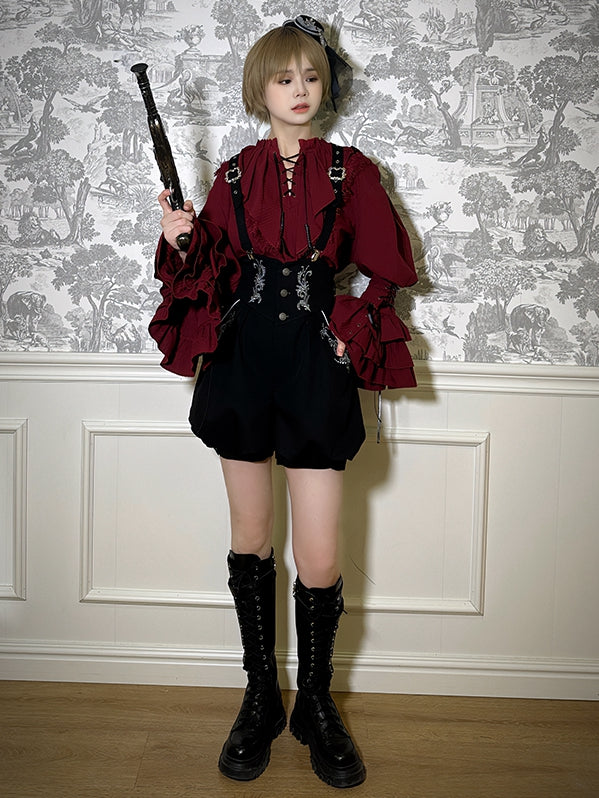 Ouji Red Lace-up Long Details Pirate Sleeves Vibes Shirt Lolita with