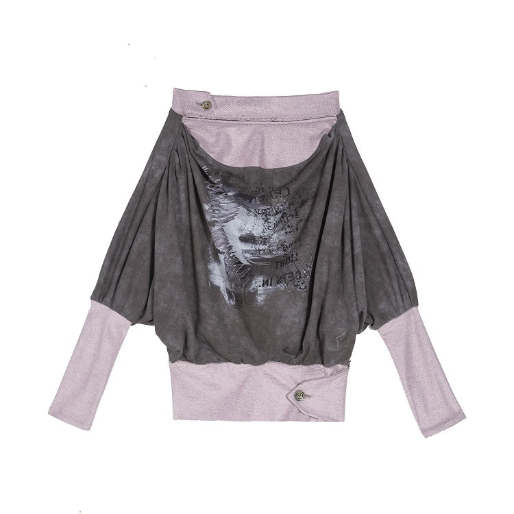 Sleeves Punk Two-piece Top with Batwing Gray-Pink