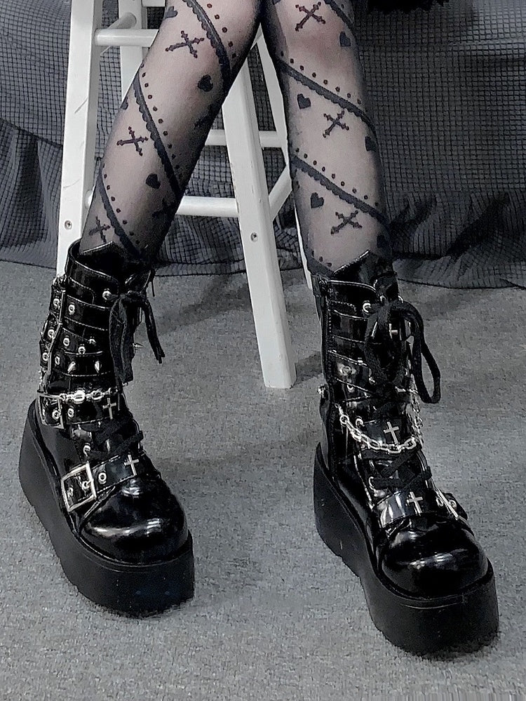 Black Chain Boots Platform Charm PU Detachable Gothic -