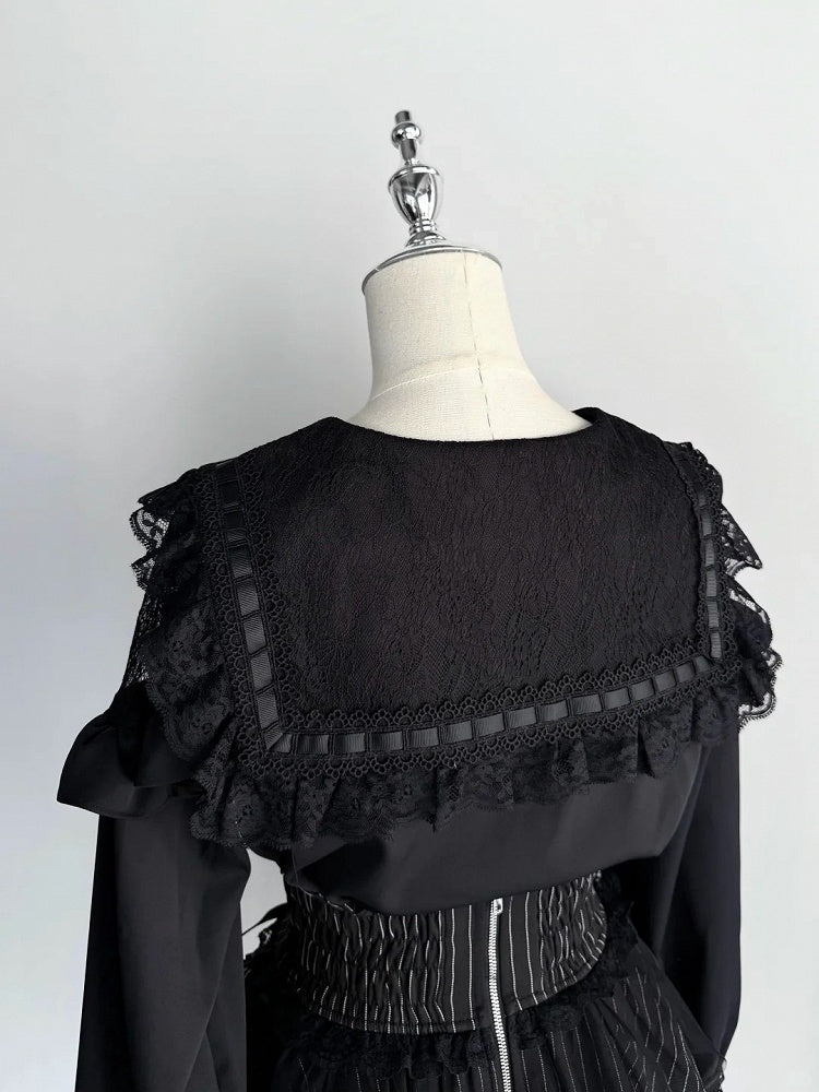 Black Rhinestones Bowknots Blouse Jirai Kei Sailor Collar Ruffled Lace Trim