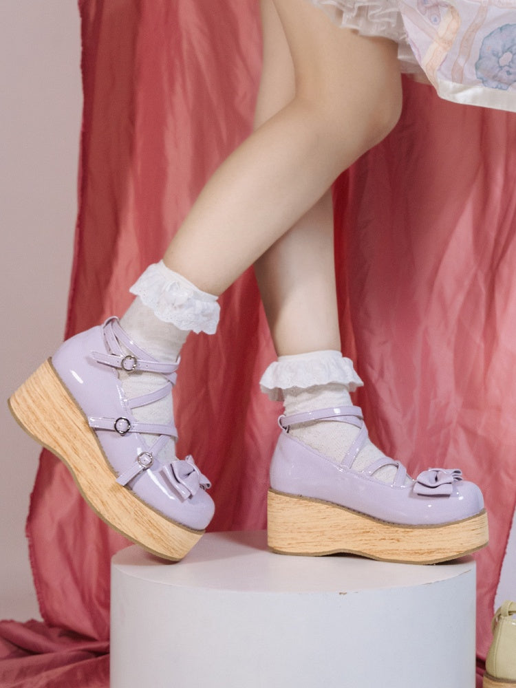 Lolita Design Sweet Purple Platforms Crisscross Round Toe Heels Accents Middle PU - Bow Light