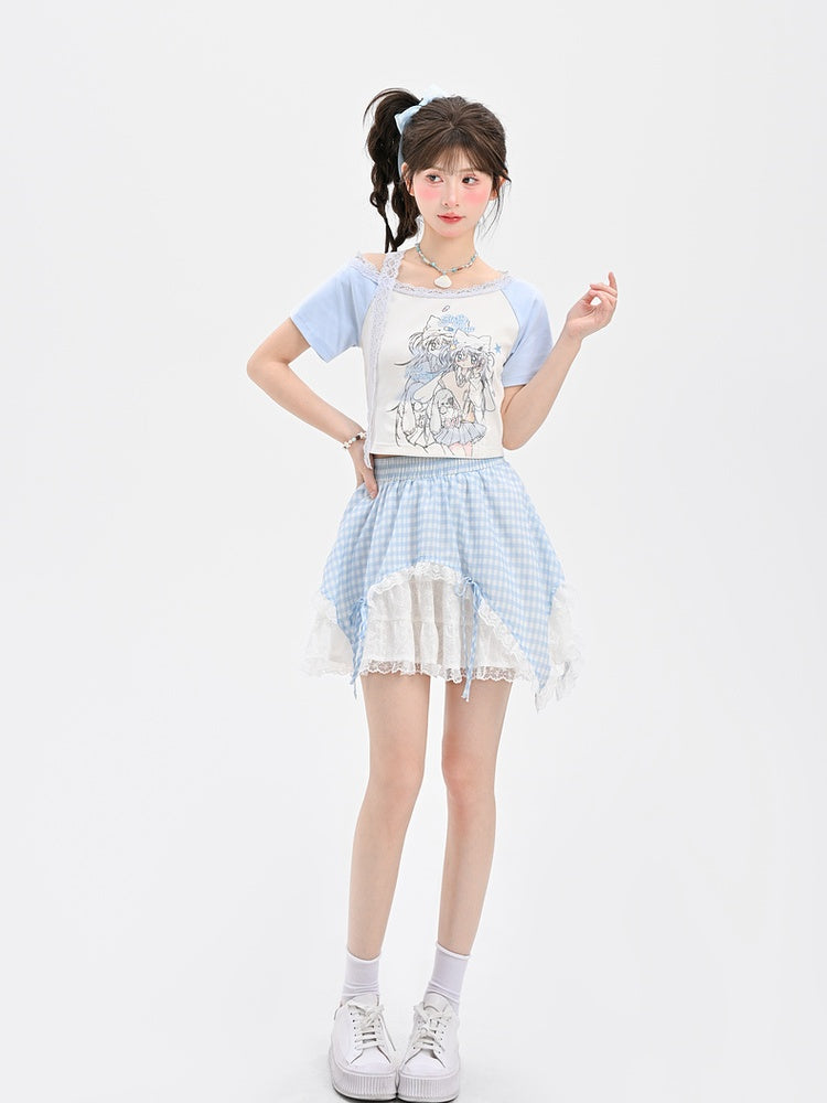 ライトブルーデザイン アニメガールプリントTシャツ カラーブロック ショート/ロングバージョン