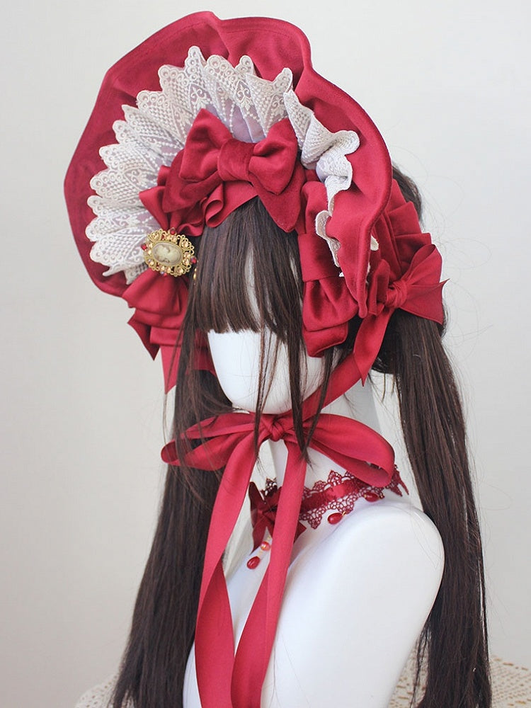 Red Velvet Lace Trim Bonnet With Bowknot Hairclips