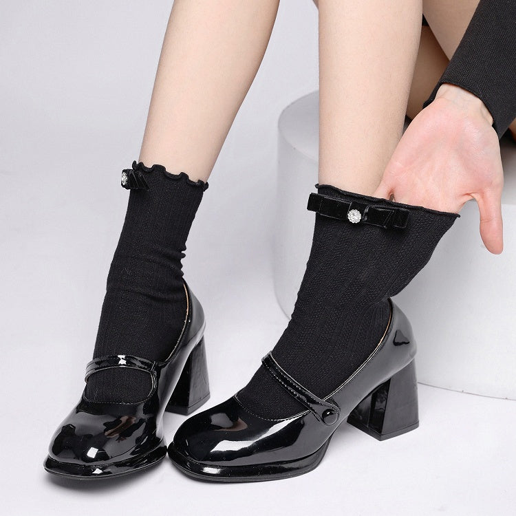Style Ruffled Socks Lolita Black Rhinestone Bow Colors: (3
