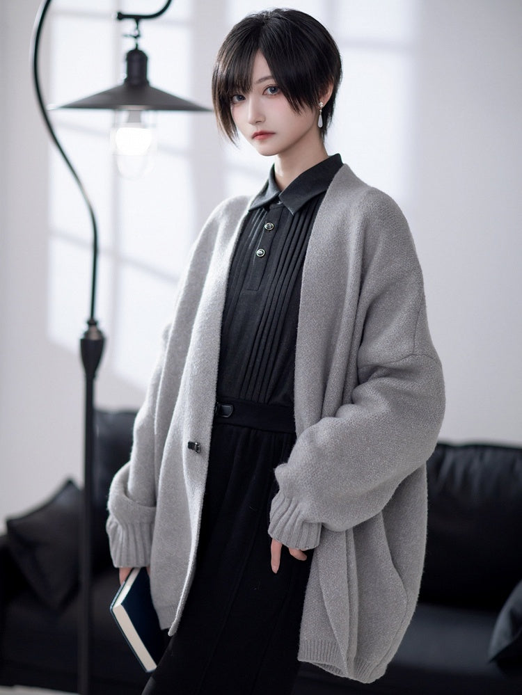 Gray Knit Buckle Cardigan with Unisex Closure Ouji