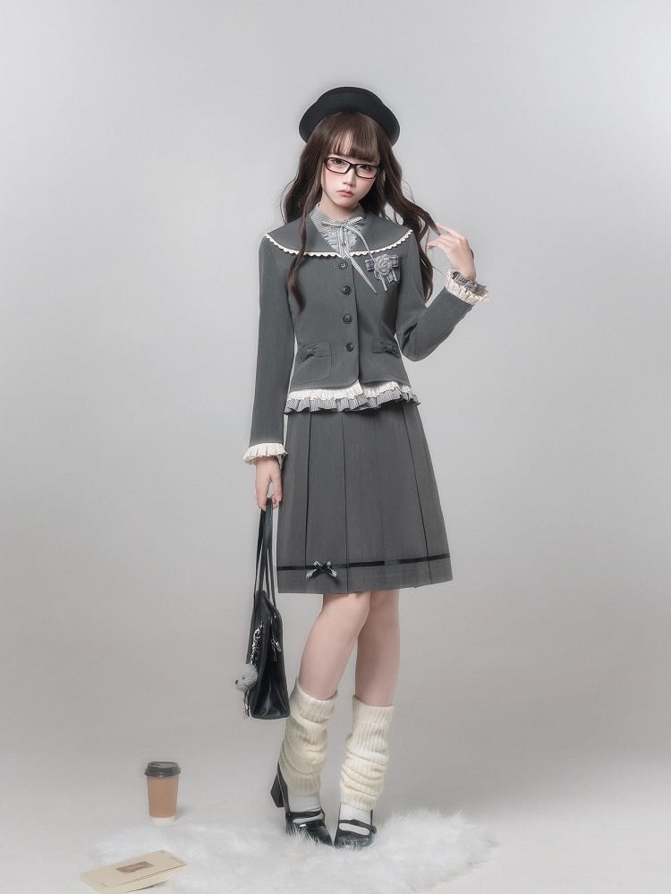 Dark With Minimalist Bow Skirt Jirai Decoration Box Gray Pleat Kei
