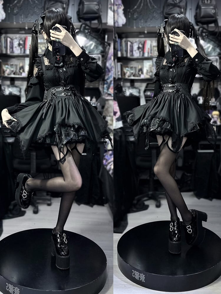 Jirai Kei – Schwarzer, hoch taillierter, gestufter Rock im Landminen-Stil, Overallkleid