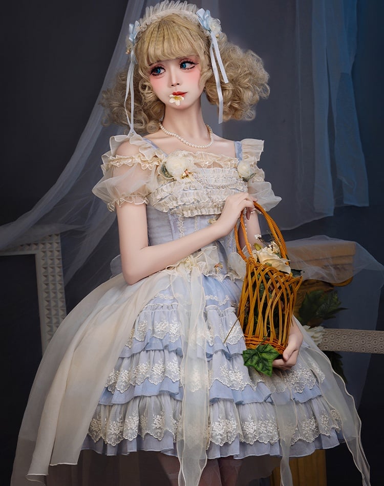 Akzente Jacquard Blau Rosette Tiered Balletcore Sweet Lolita Kleid Pullover Rock Stoff