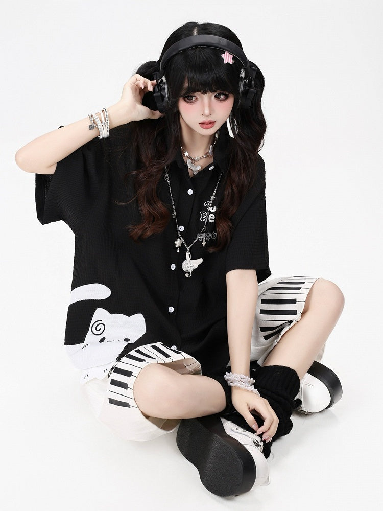 Kitten Print Casual Shirt in Black - CRAZY GIRL