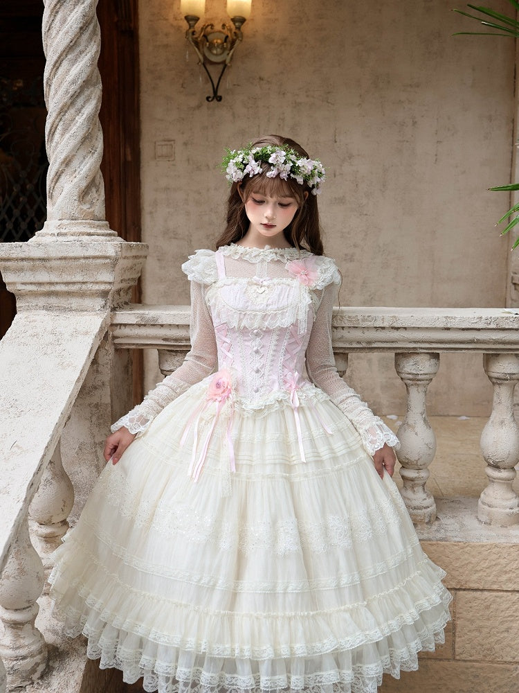 Sweet Lolita Princess Set with Lace, Floral, Pink & White Top & Skirt - Twilight Flower Letter