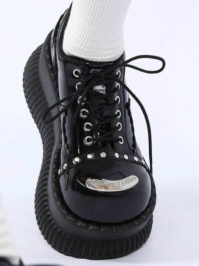 Plate Accents Details Black Stud Punk Design - Metal Lace-Up Platforms with