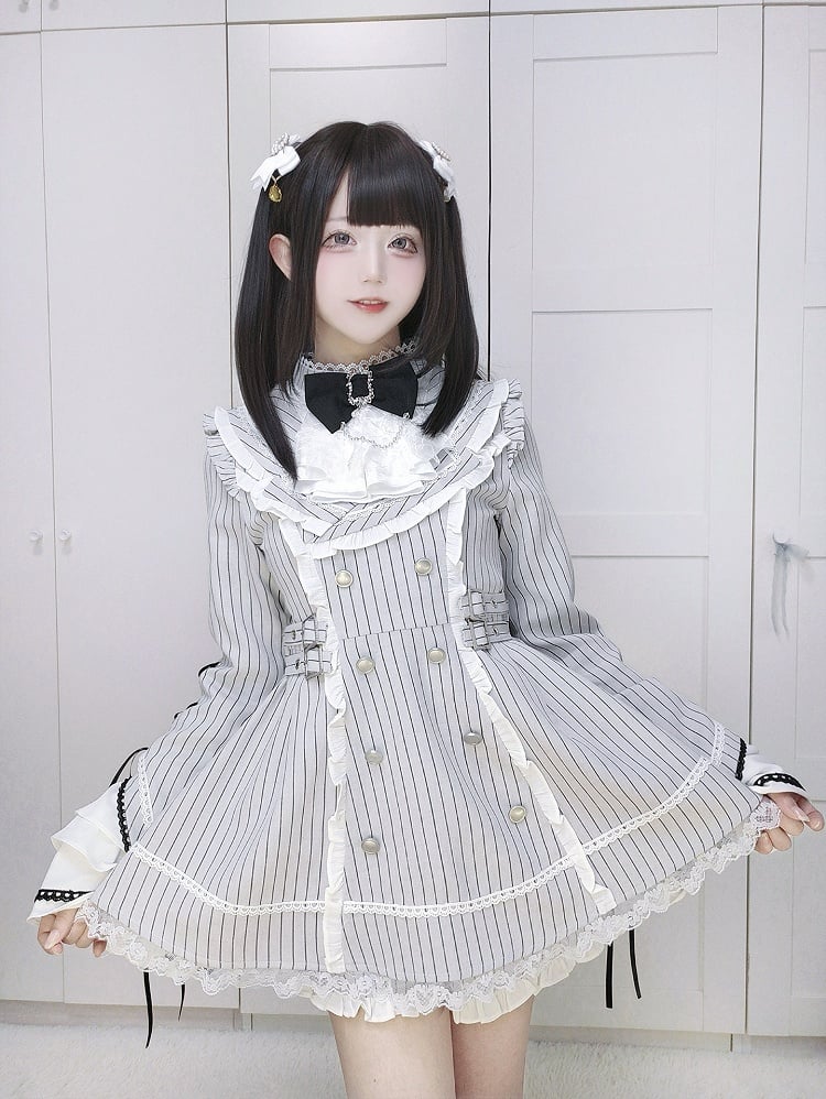 Striped Kei Dress Light + Sleeves Bell Gray Jirai Matching Set Shorts