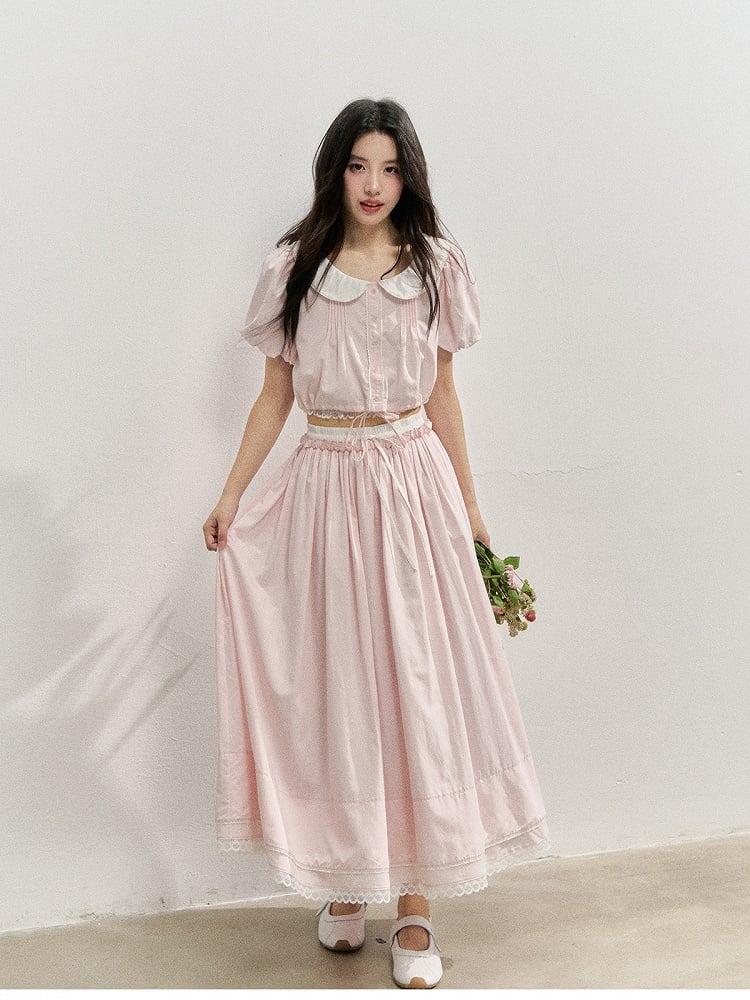 Collar with Shirt and Sleeves Puff Pink Style Kawaii Short Peter Pan Sleeve