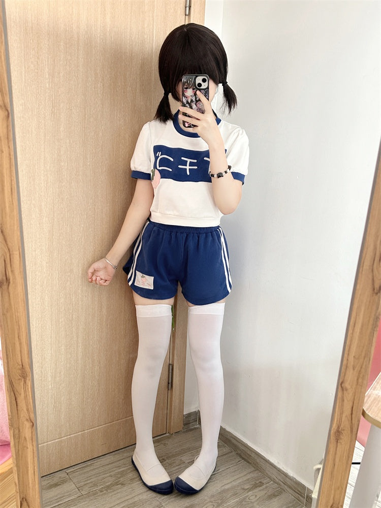 ネイビーブルーのゴムウエスト太もも丈ショートパンツ