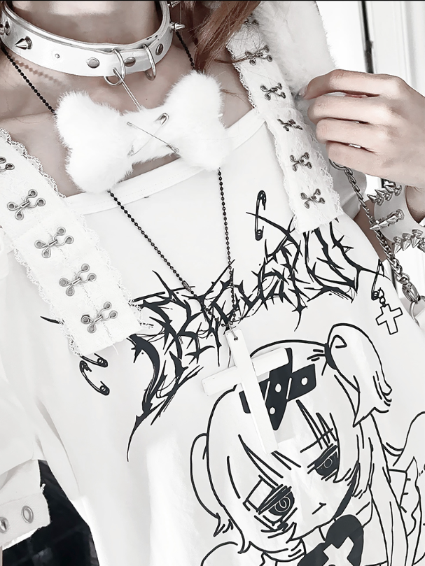 Topwith White Subculture Girl Gothic Anime PrintCross-Buckle Straps Off-Shoulder