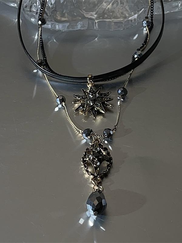 Gothic Rhinestone Multi-Layered Necklace Black