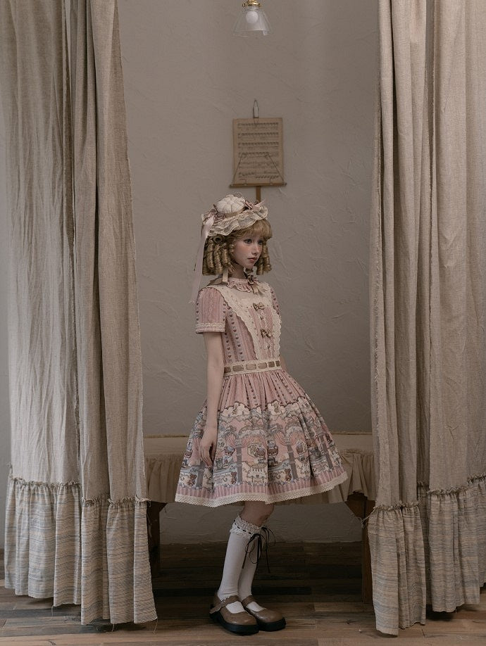 Dress Bear Neckline Pink Print Dropped Lolita Sweet Waist Ruffle