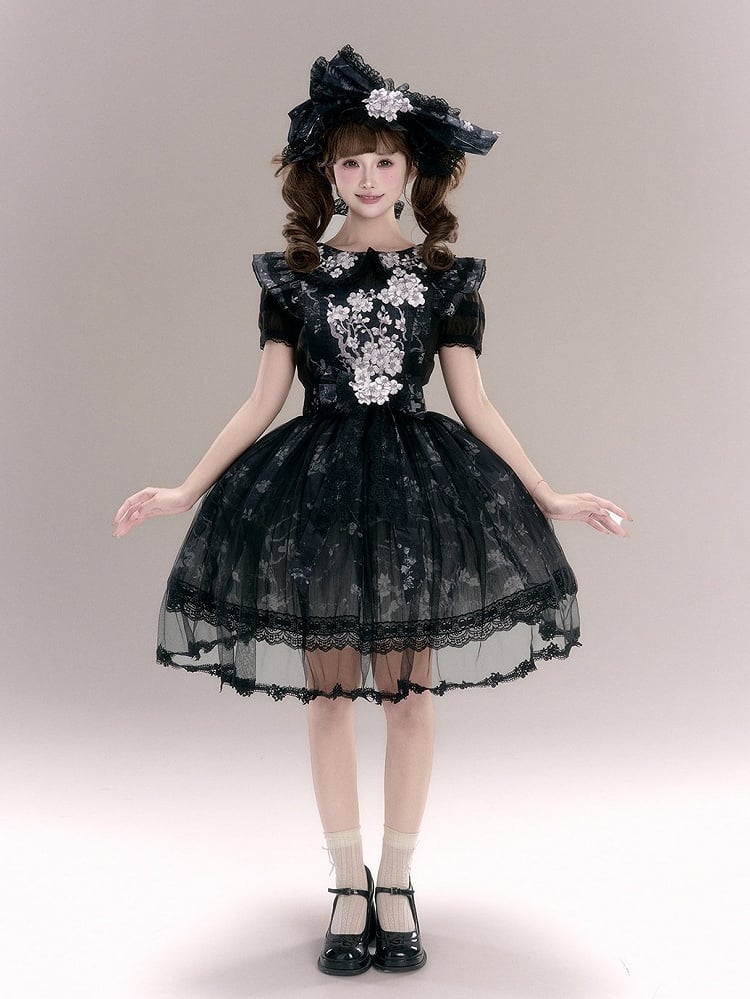 Black Peter Pan Collar Fitted Waist Floral Embroidery Blouse with Ruffle Lace - Yimu Walnut